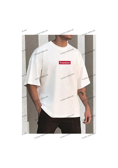Startmore Unisex Kadın/erkek Freedom Renkli Özel Baskılı Oversize Penye Beyaz