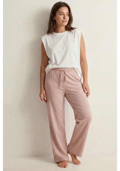 Elemge %100 Pamuk Süprem Kadın Pijama Altı Bol Kalıp Compact Penye Pembe Geniş Paça Ipli Terletmez Alt