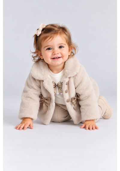 Ahengim Kız Bebek Peluş Mont Fiyonklu Düğmeli Yumuşak Dokulu Kışlık Ceket Ak8548 Bej