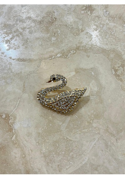 Taşlı Gold Kuğu Broş çok renkli
