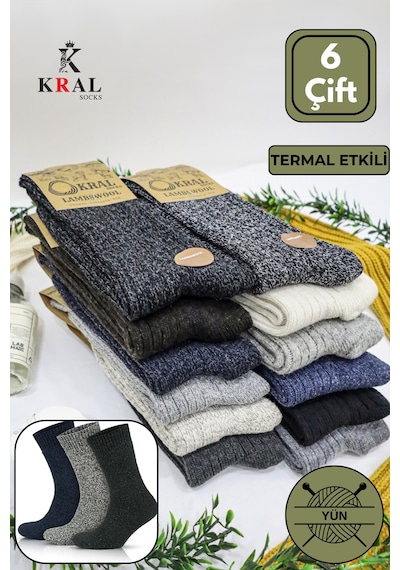 Kral Socks Erkek Kışlık 6 Çift Lambswool Yün Çorap Termal Etkili Ebruli Asorti