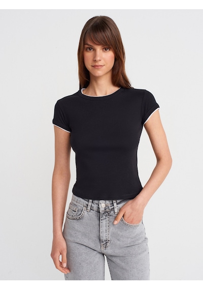 Dilvin 31750 Kontrast Kısa Kollu Tshirt-siyah Siyah