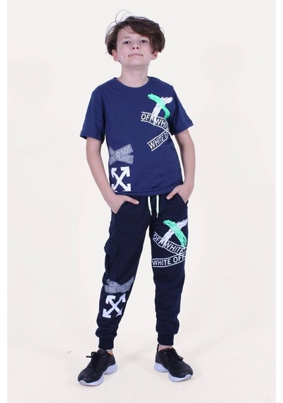 Off White Yazı Baskılı Kaprili Erkek Alt-üst Takımı Beyaz - Füme