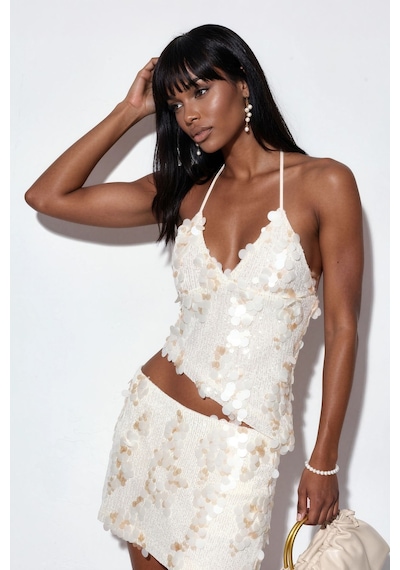 Hiccup Busem Pullu Halter Crop Üst Krem