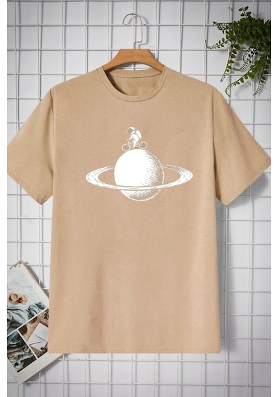 Unisex Astronaut Rides Baskılı T-shirt Bej