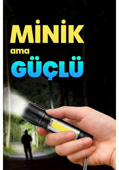 3 Mod Metal Şarjlı El Feneri Zoomlu Mini Boy Type-c Kutulu Cob Led Lamba Acil Durum Işığı 47701 Siyah