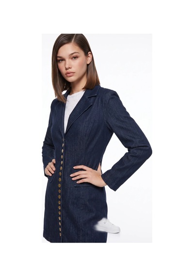 CEMO Gold Düğme Detaylı Uzun Blazer Ceket Lacivert