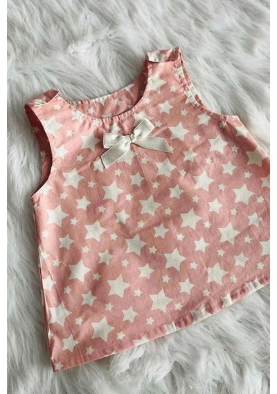 Yıldız Desenli Pembe Poplin Kız Çocuk Bebek Bluz Üst 001