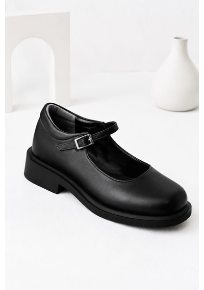 Dabab Shoes Berlın Kadın Siyah Cilt Mary Jane Yuvarlak Burun 2 Cm Kalın Taban Tokalı Babet Loafer Ayakkabı