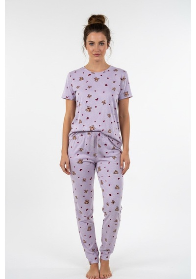 Kompedan Kadın Bisiklet Yaka Yumuşak Dokulu Ayıcık Desenli Kısa Kol Pijama Takım Lila 70132-4752