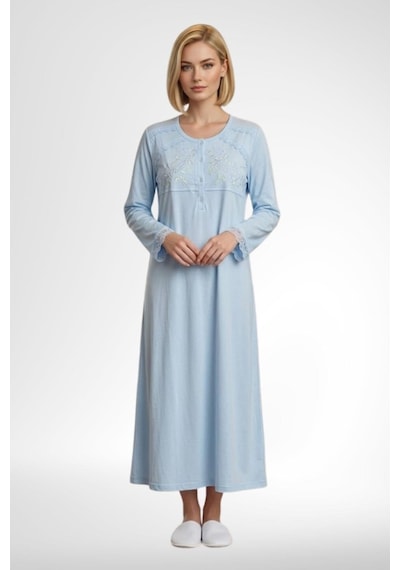 Mecit Pijama Mecit 6373 Mavi Kadın %100 Pamuk Uzun Kollu Gecelik