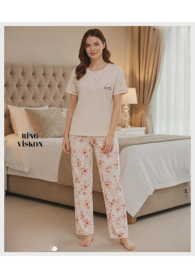 Mihra Kadın Ring Viskon Düğmeli Yaka Kısa Kol Likralı Pijama Takımı 40112b - 1 Adet Bej
