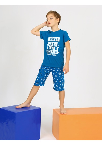Vitmo Erkek Çocuk Kısa Kollu Kapri Pamuklu Rock Star Pijama Takımı İndigo