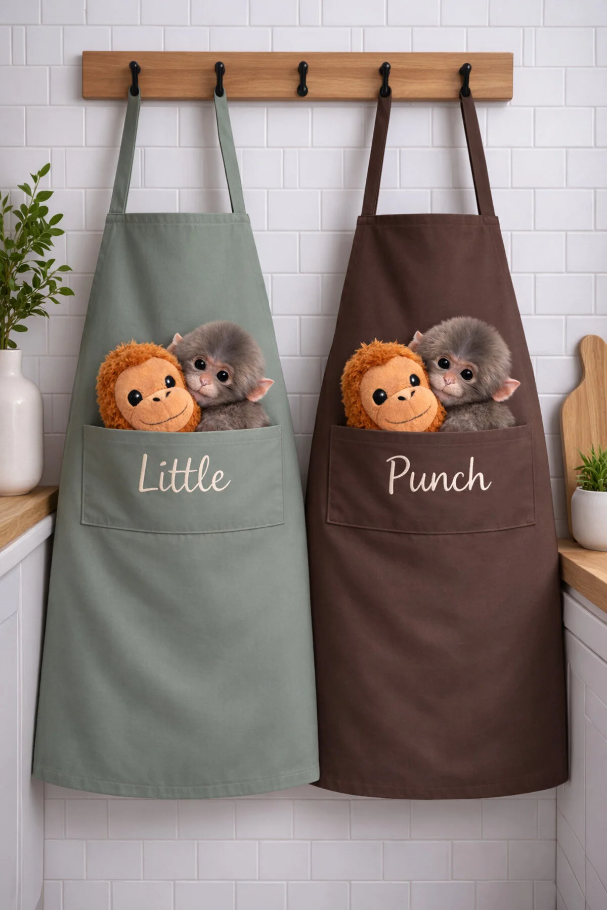 Ays Home Punch Maymun Ve Orangutan Baskılı Mutfak Önlüğü Seti Yeşil