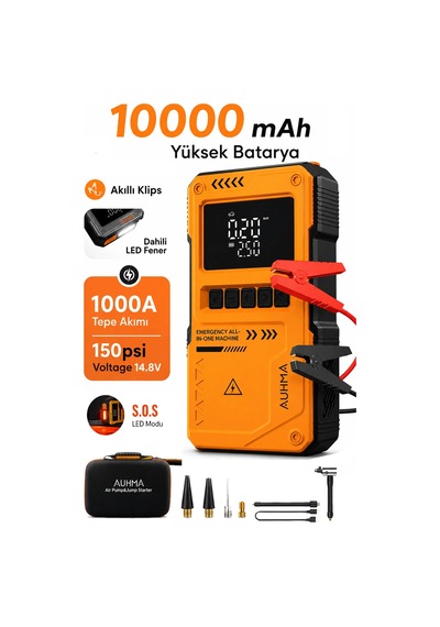 Exenar - Turuncu - Akıllı Akü Takviye Cihazı Hava Kompresörü 150psı Jump Starter 10000mah Mah 4in1 Marş Ve Hava Pompası