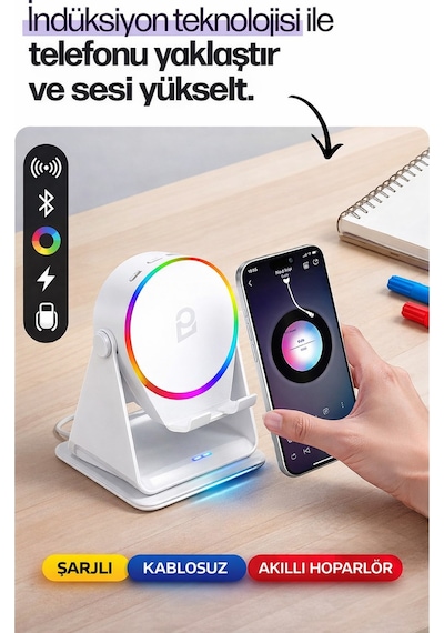 5w İndüksiyonlu Bluetooth Hoparlör 2000mah Rgb Işıklı Standlı Telefon Ses Yükseltici Speaker Güçlü