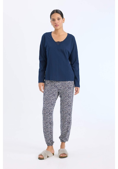 DeFacto Fall in Love Pijama Takımı Uzun Kollu Üst Desenli Uzun Alt E2357AX24WNNV31 Lacivert