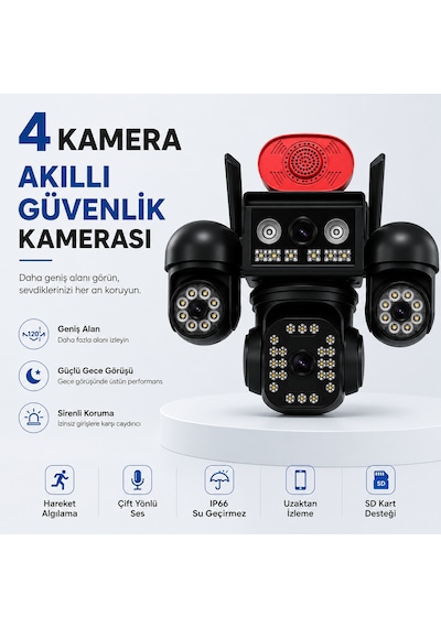 Uninet Aov Teknolojili 4g Solar Güvenlik Kamerası Düşük Güç Tüketimi, Kesintisiz Izleme Ve Anlık Kayıt 4 Kameralı 3 Kamerası Dönebilen Ptz + 1 Sabit Lens, Gece Görüşü Ve Siren