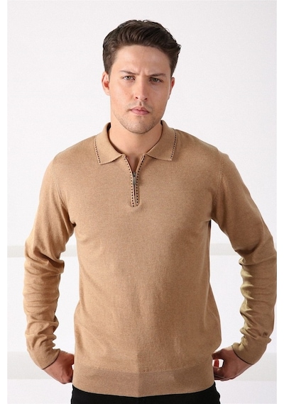 Ferraro Camel Polo Yaka Fermuarlı Erkek Pamuk Kazak Camel