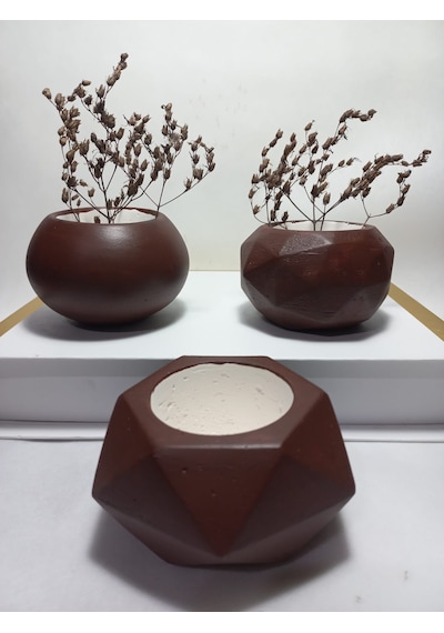 Dekoratif Chocolate Kahve Saksı 3'lü Set - Kaktüs/sukulent Saksısı,çiçeklik Seti -