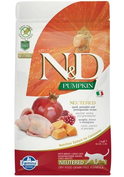 N&D Pumpkin Tahılsız Bal Kabaklı Bıldırcınlı ve Narlı Kısırlaştırılmış Yetişkin Kedi Maması 1500 G