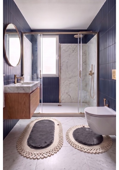 Banyo Paspası Takımı 60x100+60x60 Cm Dış Trikot Antrasit Gri & Krem Antrasit Gri - Krem