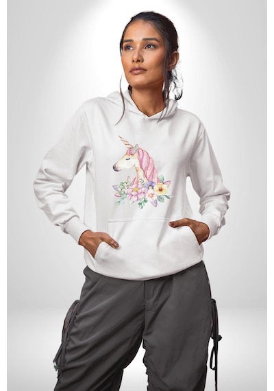 Unicorn Çiçek Kadın Erkek Beyaz Kapüşonlu Sweatshirt Hoodie Beyaz