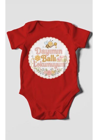 Morivokids Dayımın Ballı Lokumuyum Kısa Kollu Bebek Body %100 Pamuk Kırmızı