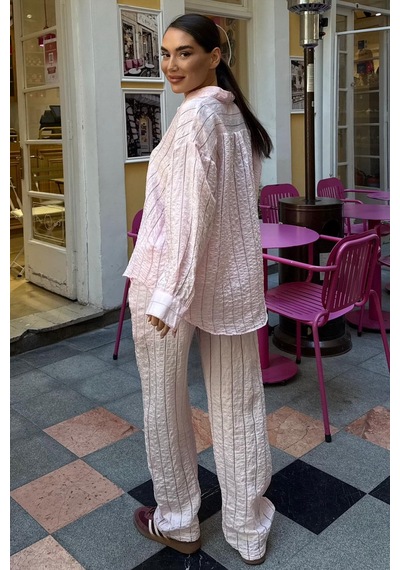 Madmext Pembe Transparan Relax Fit Çizgili Takım Mg2740