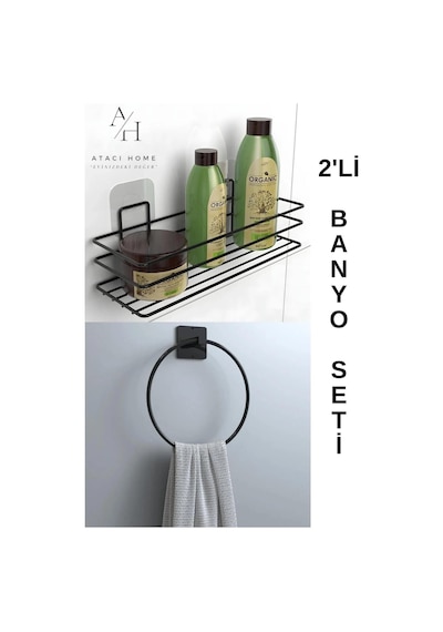 Atacı Yapışkanlı 2li Banyo Düzenleyici Banyo Aksesuarı Banyo Rafı Yapışkanlı Siyah Yuvarlak Havluluk Siyah
