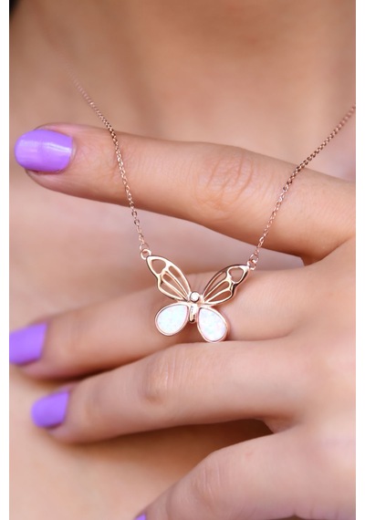 Papatya Silver 925 Ayar Gümüş Rose Kaplama Opal Taşlı Kelebek Kolye