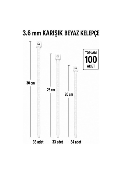 Kablo Bağı Seti, 100 Adet, Naylon, Karışık Boy 20 Cm, 25 Cm, 30 Cm , 3.6 Mm, Kablo Düzenleme Ve Sabitleme Beyaz 3.6