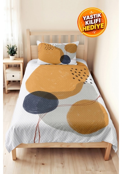 Geometrik Hardal Genç Odası Tek Kişilik Pike Takımı - Modern Gri 160x220 Cm Kapitone Yatak Örtüsü Naif Perde Dengesi