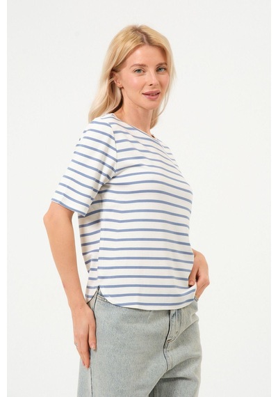 Kadın Çizgili Tişört Oversize T-shirt Beyaz