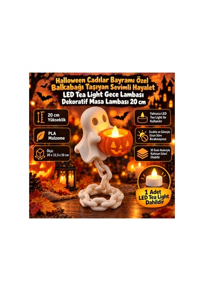 Halloween Cadılar Bayramı Özel Balkabağı Taşıyan Sevimli Hayalet Led Tea Light Gece Lambası Dekoratif Masa Lambası 20 Cm Beyaz Beyaz