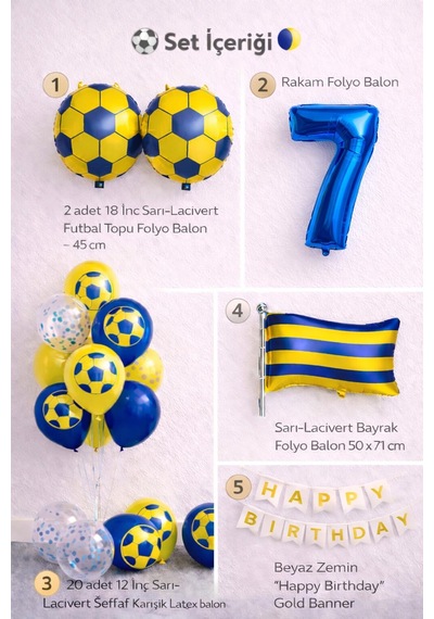Sarı Lacivert Futbol Temalı 7 Yaş Doğum Günü Balon Seti Sarı Lacivert