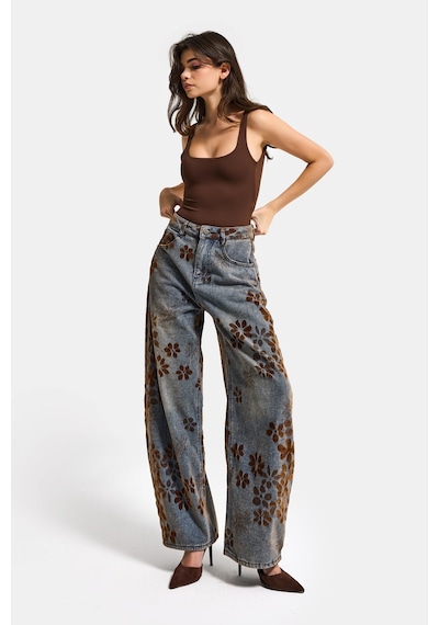 Itsbasic Kadın T.kot Rengi S5-8 Özel Flok Desenli Skater Fit Tasarım Denim Jean Kırmızı