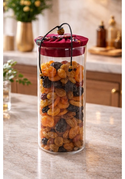 Makri Home 1000 Ml Borosilikat Cam Hava Geçirmez Kırmızı Kumaş Kaplama Bambu Kapaklı Kavanoz,çap:8 Cm, H:25 Cm Kırmızı