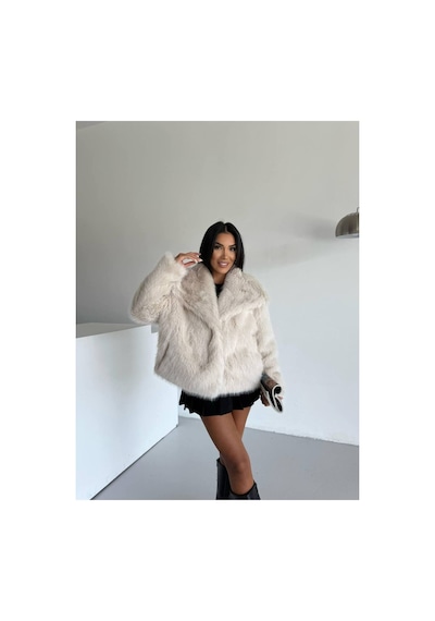 Asur Boutique Asur Butik Kadın Çıt Çıtlı Kalın Suni Kürk Bej