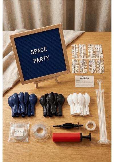 Uzay Temalı Doğum Günü Süsleme Deluxe Set Koyu Mavi Keçe Yazı Panosu Standlı Pompa Balon Zincirli 7 Li Şeffaf Balon Standlı 3 - 7