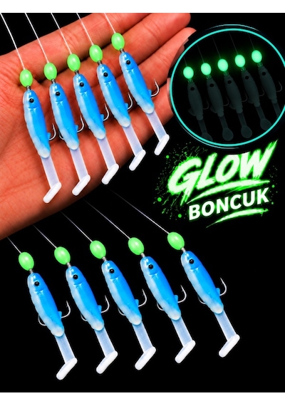 Ea Genset Mavi Silikon Balıklı Çapari 5 Cm 2 Adet Silikon At Çek Takımı Fosforlu Glow Boncuklu