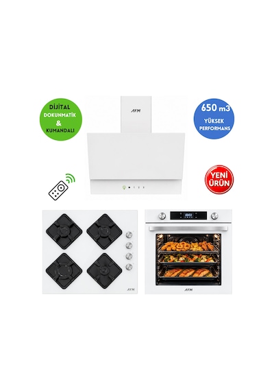 Alveus AFM Serisi Eg-38 Beyaz Cam Turbo + Soğutma Dijital Dokunmatik 3'Lü Ankastre Set Fırın + Ocak + Davlumbaz