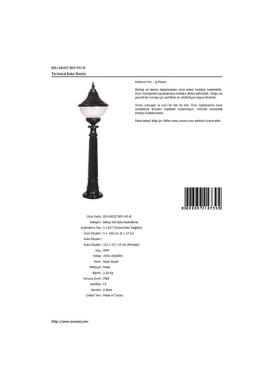 Avonnı Bsu-68207-bsy-m1-b Siyah Elektrostatik Toz Boyalı Dış Mekan Aydınlatma, E27, Abs, Polikarbon Cam, 27cm Sku: Smgstk6c345e22d4