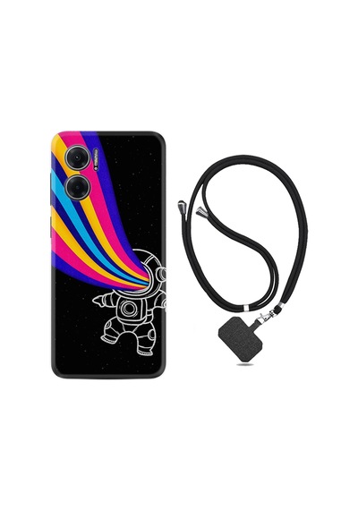 Xiaomi Redmi Note 11E Kılıf İpli Boyun Askılı Desenli Silikon Colorful Astronot 1727