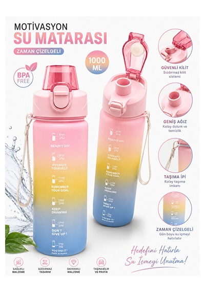 Motivasyon Su Matarası 1100 Ml Zaman Çizelgeli Sızdırmaz Kilitli Taşıma İpli Spor Matara pembe