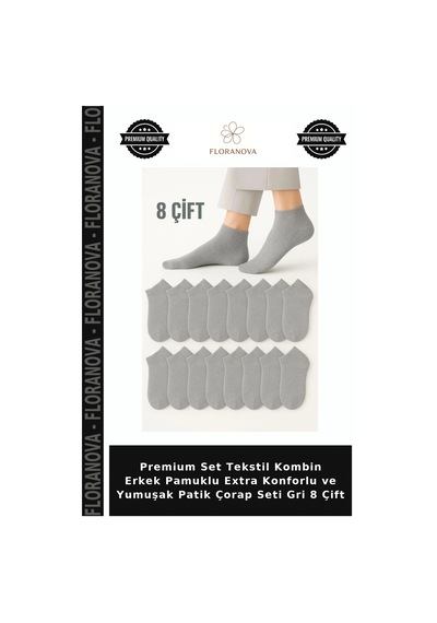 Floranova Premium Set Tekstil Kombin Erkek Pamuklu Extra Konforlu Ve Yumuşak Patik Çorap Seti Gri 8 Çift