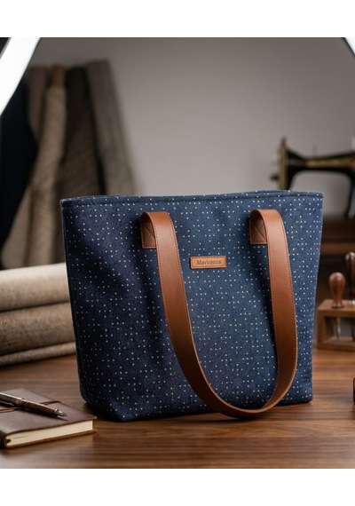 Kadın El Yapımı Nokta Desenli Denim Omuz Çantası Kot Lacivert
