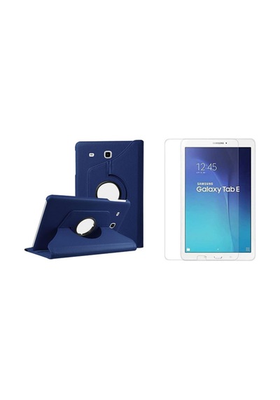 Samsung Galaxy Tab E T560 Uyumlu Dönerli Lacivert 9.6 Tablet Kılıfı + Ekran Koruyucu Kapaklı Kılıf