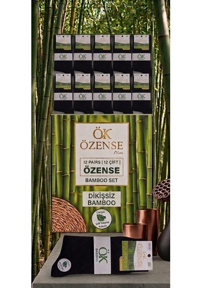 Özense 12 ÇİFT Dikişsiz Bambu Soket Baklava Desenli Siyah Renkli Uzun Erkek Çorabı 40 - 45