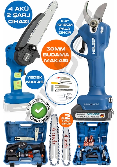 Böhrer V598/21V 4 Batarya 6806M Akülü 10-15 CM Dal Budama Testeresi + 6253M 30 MM Yedek Bıçak Şarjlı Bağ Makası Mavi